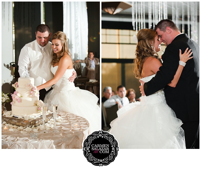 Romantic newlywed cake cutting pictures