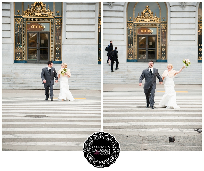 Playful bride and groom