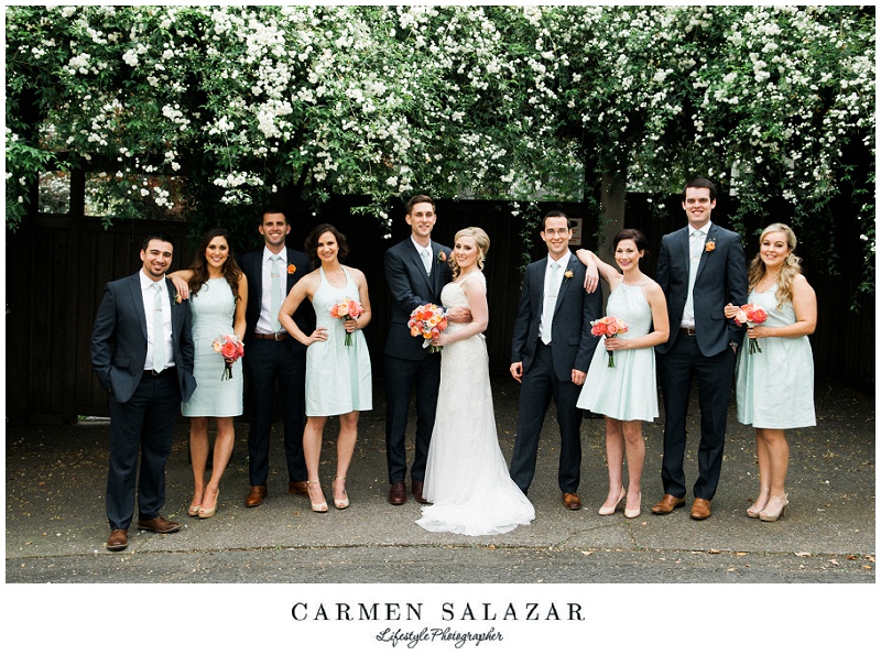 casual bridal party photo with spring blooms