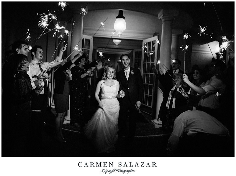 Sparkler grand exit photo of a bride and groom at Vizcaya