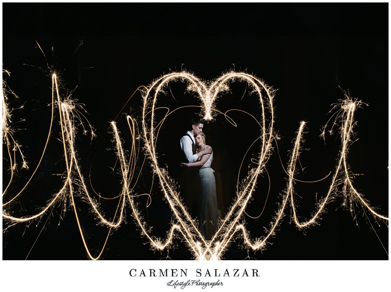 creative sparkler photo of a bride and groom at night