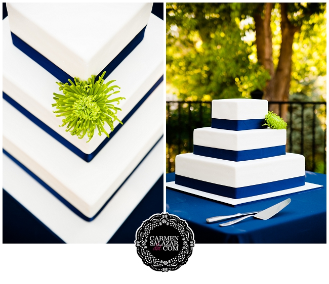 modern blue and white wedding cake