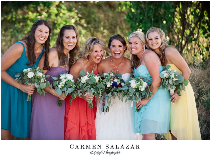 colorful bridesmaid gowns at a Sacramento Outdoor Wedding