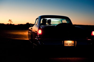 Vintage car engagement session at a winery