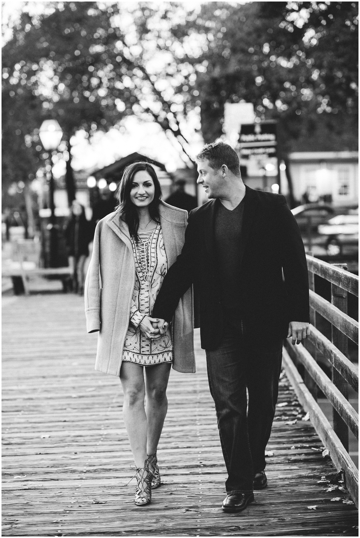 black and white engagement photo of couple in Old Sacramento
