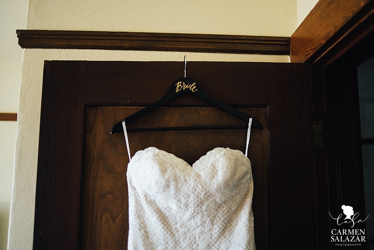 DIY wedding gown hanger with gown 