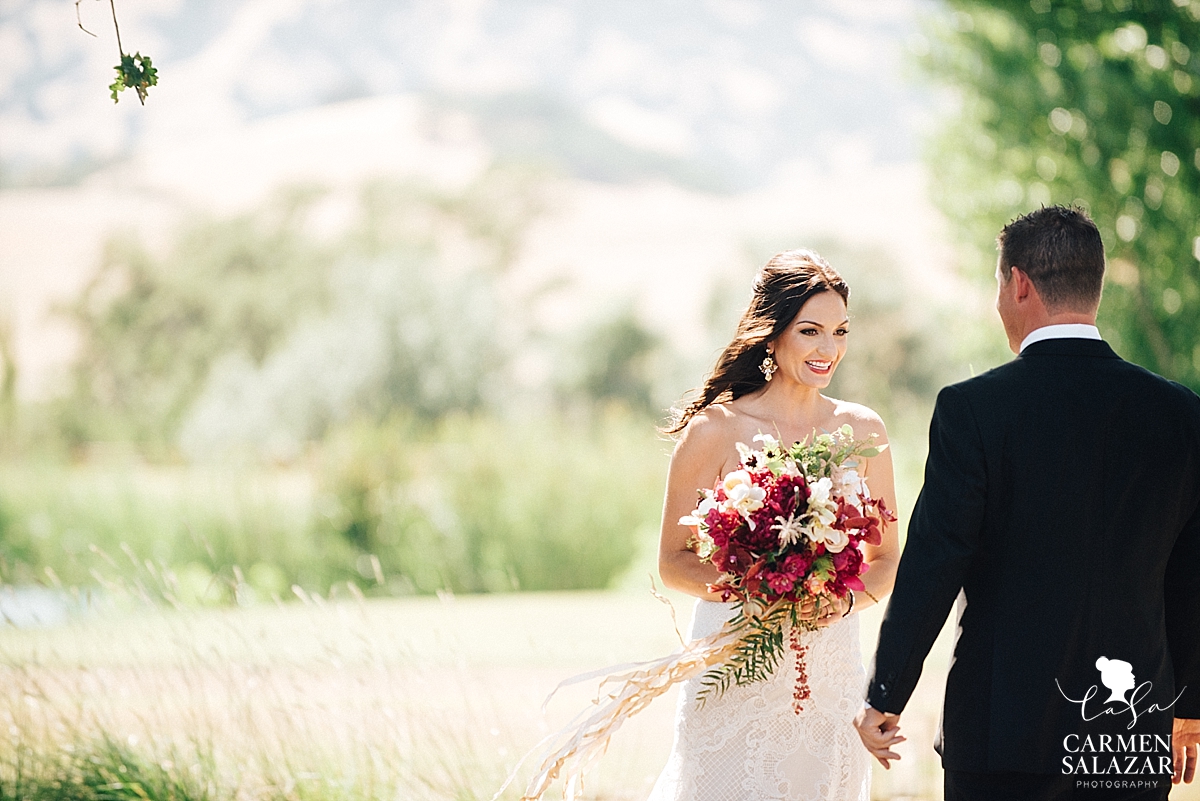 Emotional bride seeing her groom for the first time