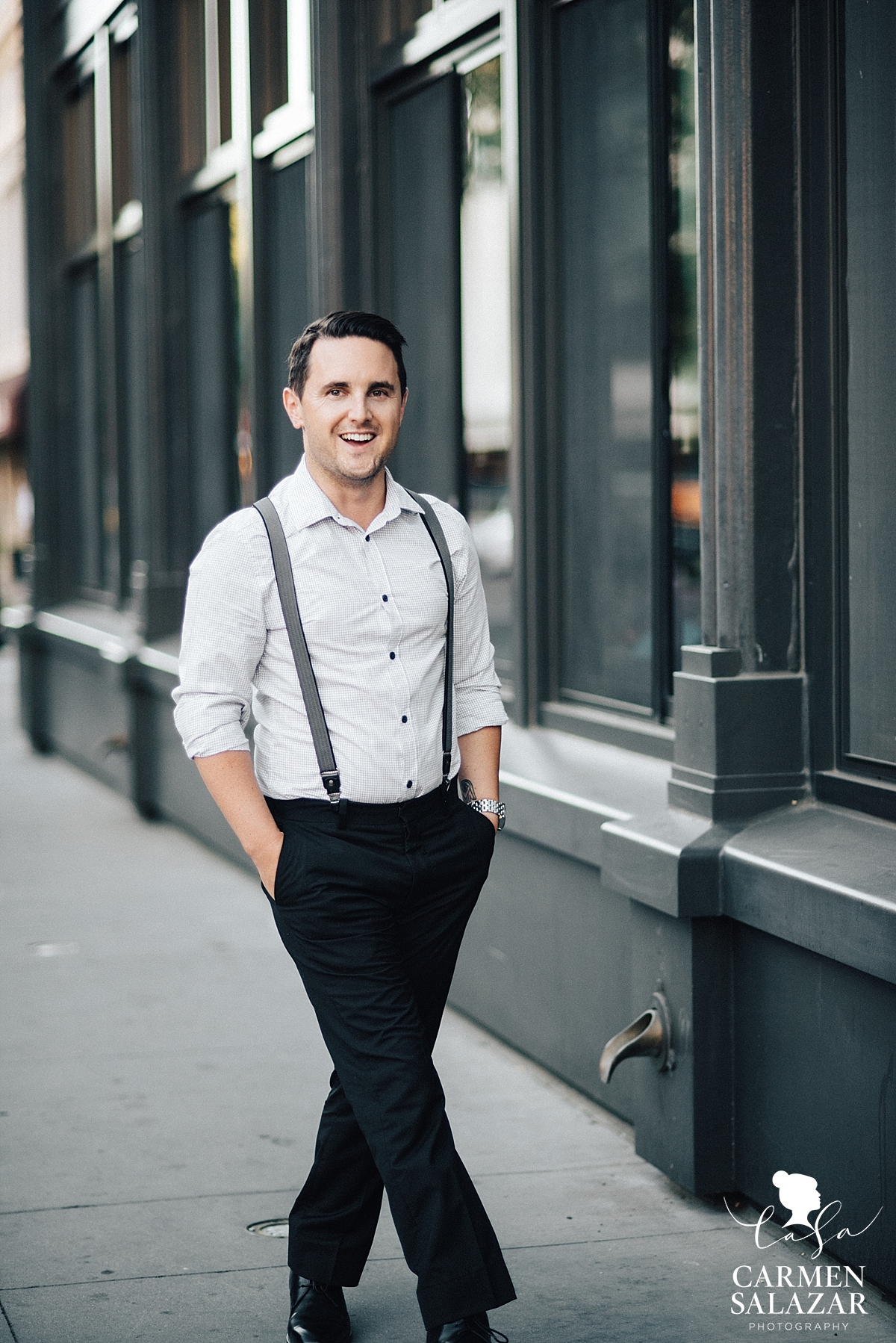 Dapper groom at Sacramento engagement session - Carmen Salazar