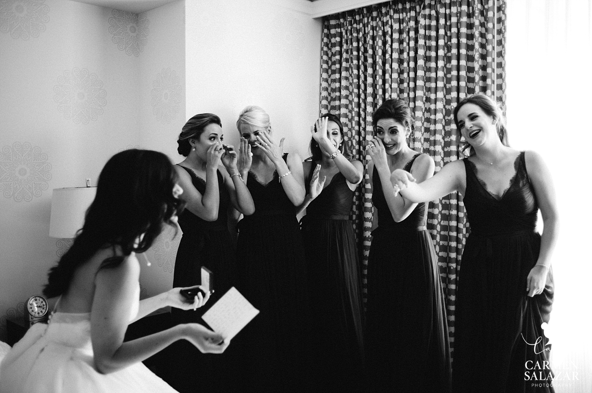 Emotional bridesmaids crying at gift - Carmen Salazar