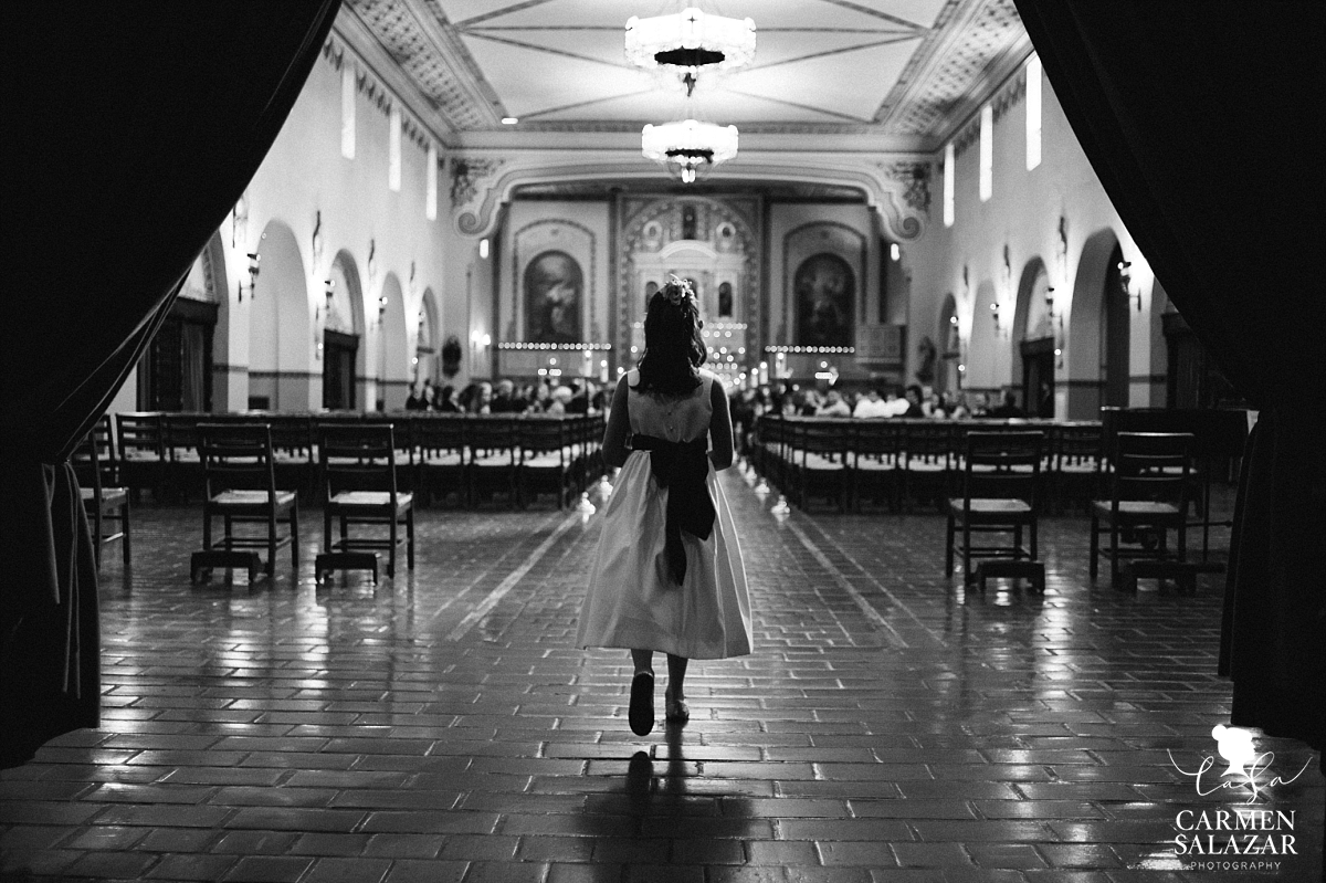 Flowergirl walking down Santa Clara Mission aisle - Carmen Salazar