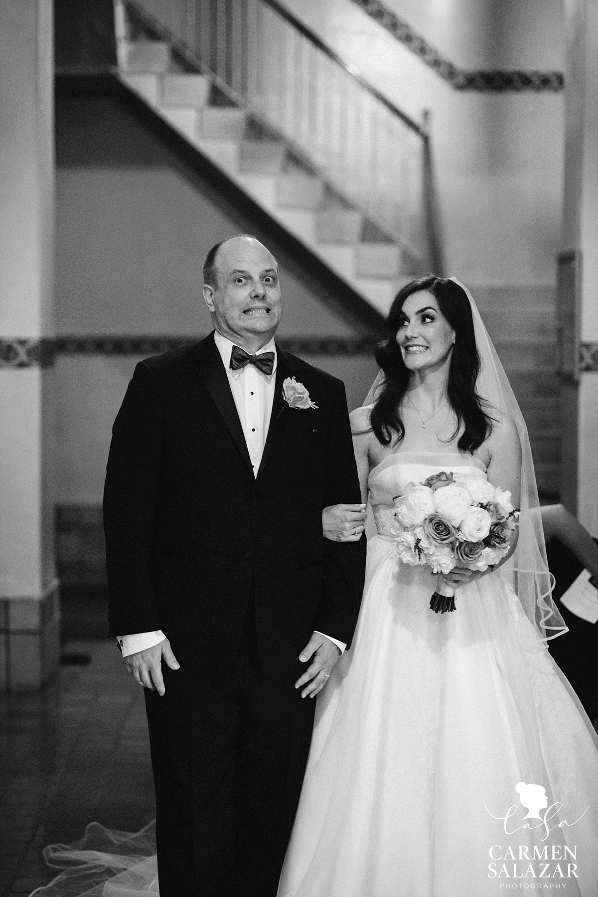 Excited Santa Clara bride with father - Carmen Salazar