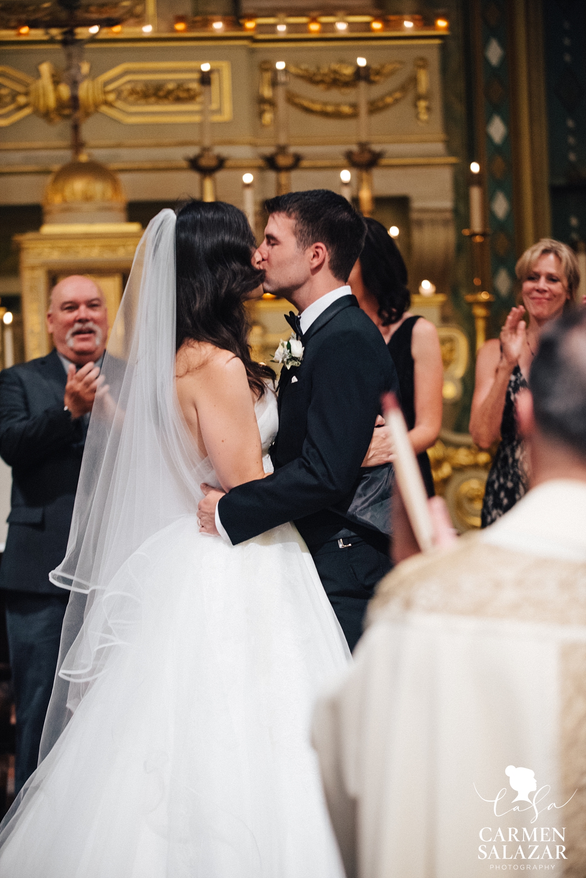 First kiss at Santa Clara Mission wedding - Carmen Salazar