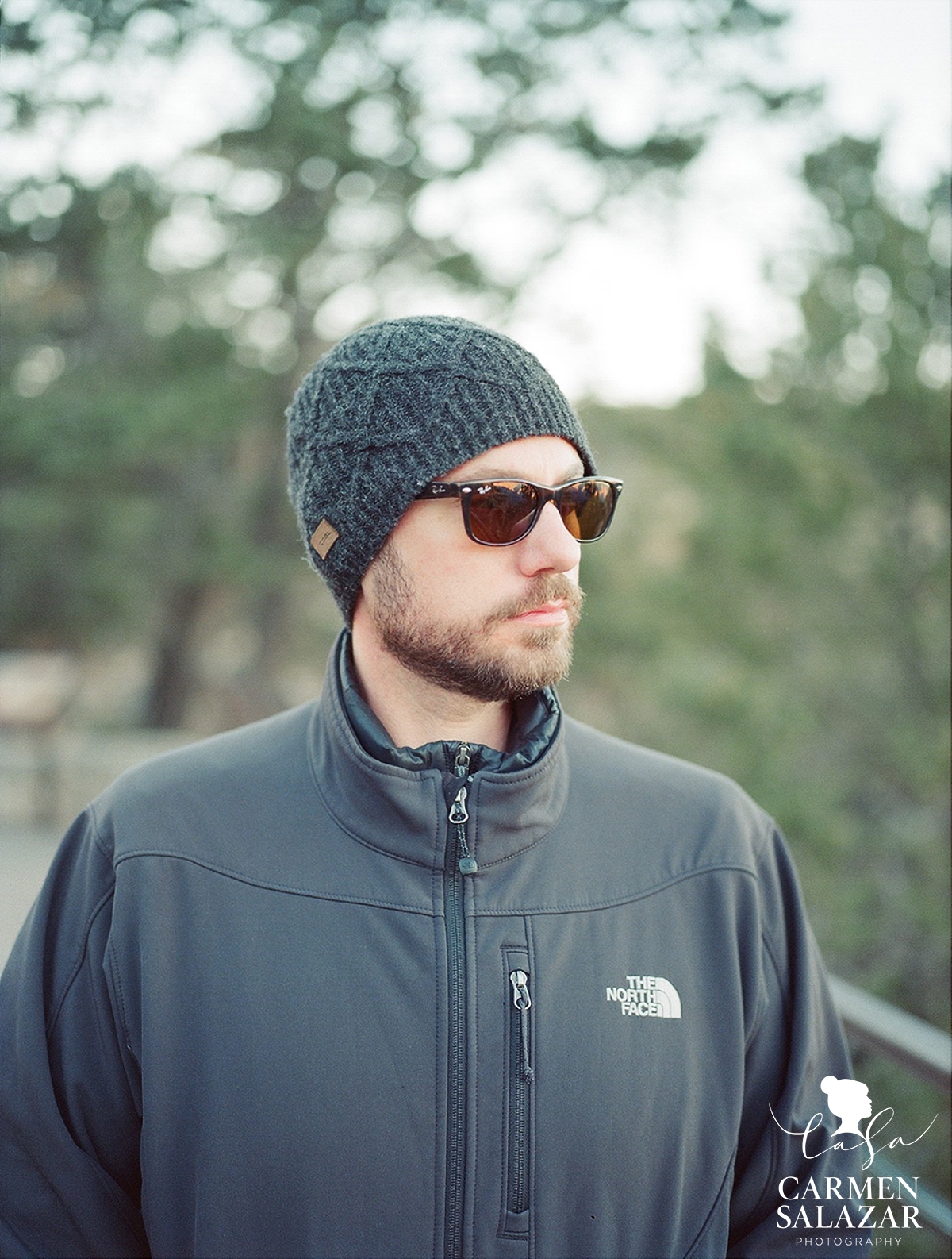 outdoor portrait of bearded man at grand canyon by medium format