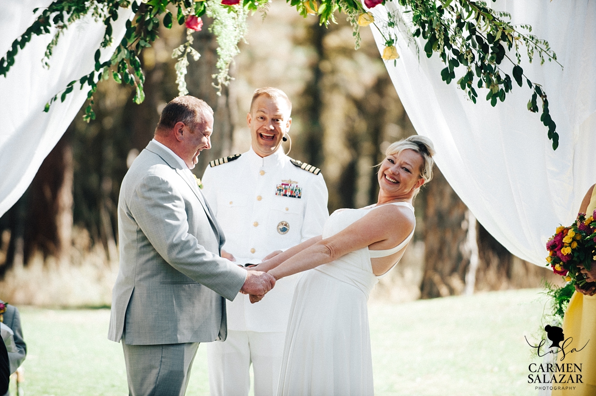 Happy bride and groom arrive at Tahoe ceremony - Carmen Salazar