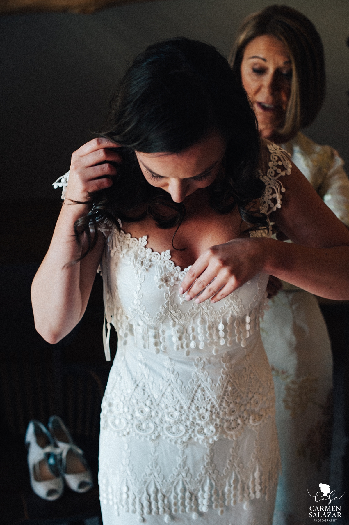 Bride getting ready in vintage lace gown - Carmen Salazar