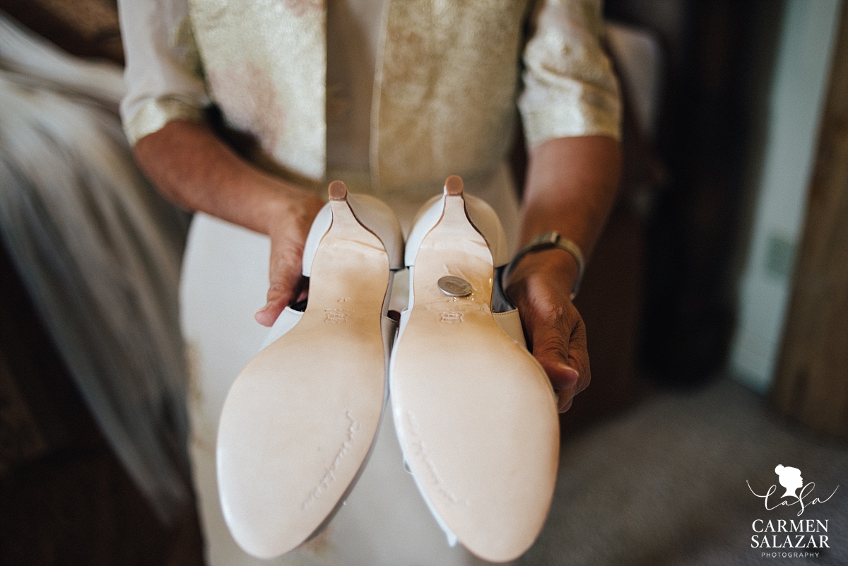 Lucky sixpence on wedding shoes - Carmen Salazar