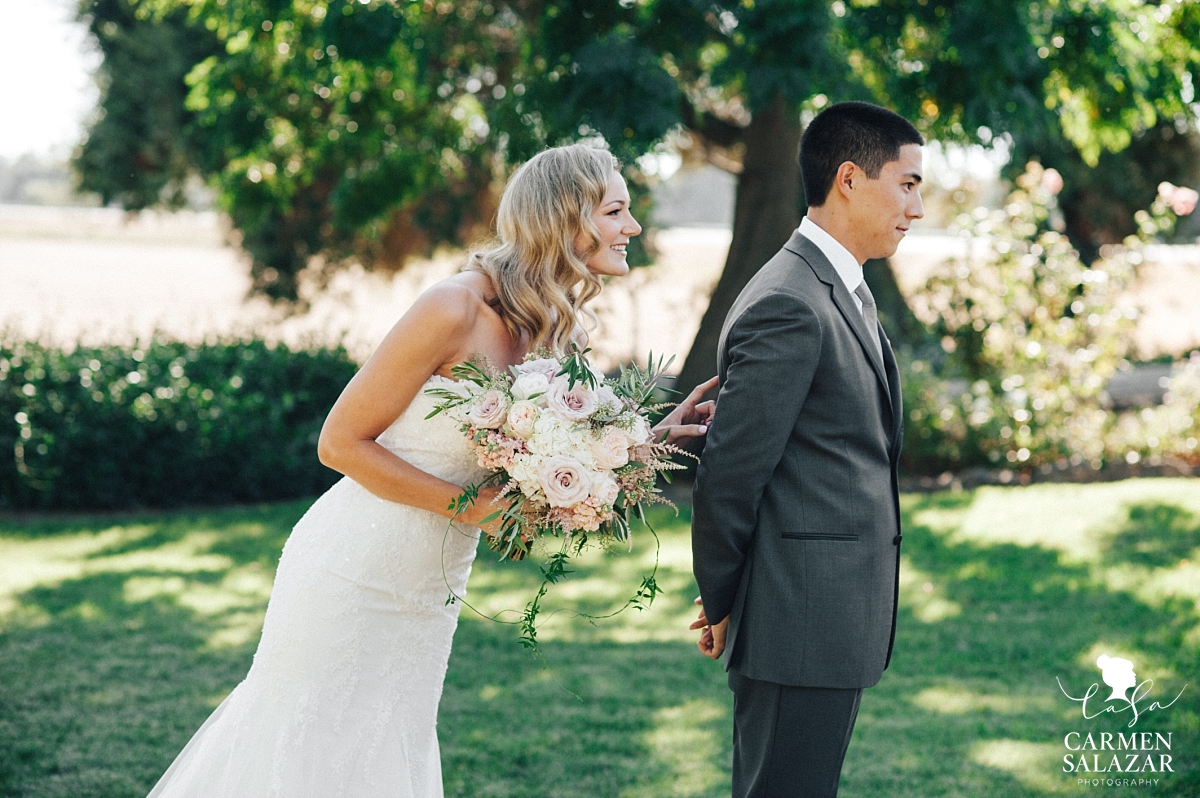 Bride and groom first look at winery estate - Carmen Salazar