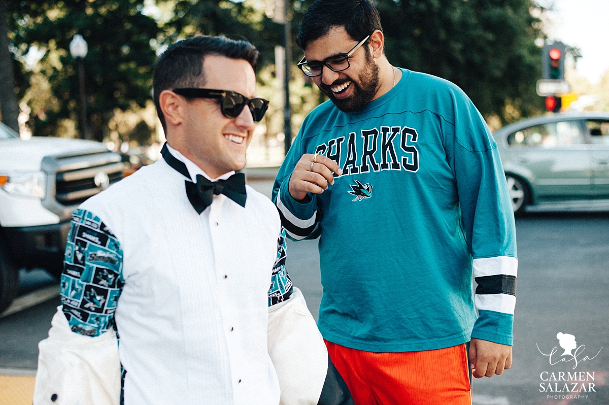 Sharks fan spots groom with Sharks dress shirt - Carmen Salazar