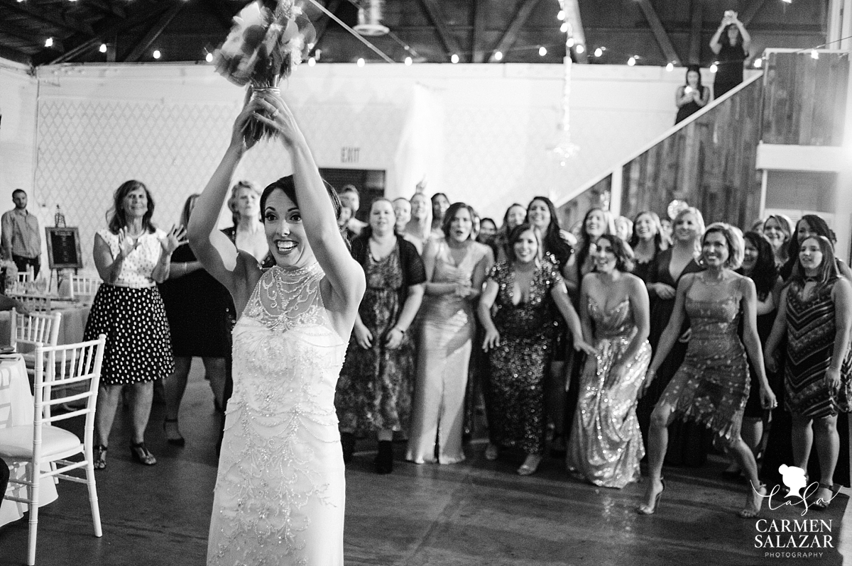 Bouquet toss at Studio 817 fall wedding - Carmen Salazar