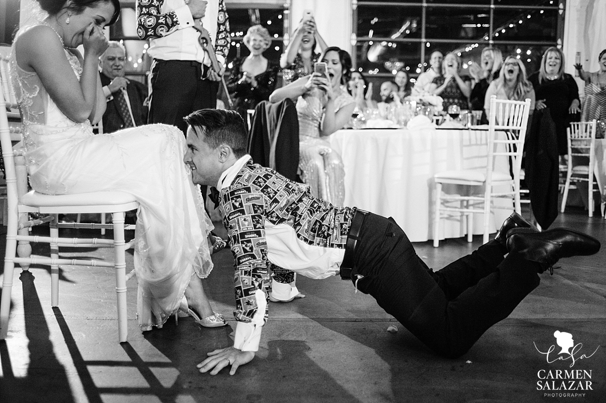 Silly garter toss dancing groom at Studio 817 - Carmen Salazar