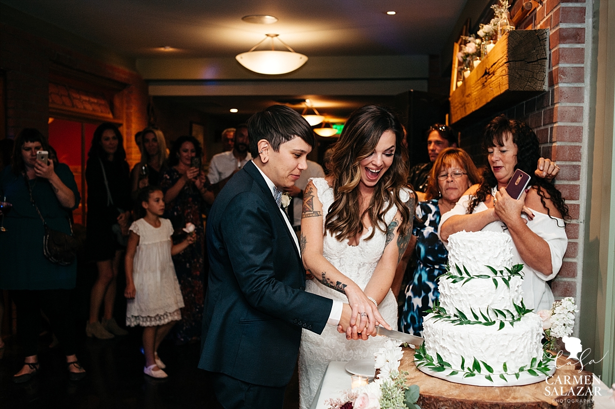 Same sex wedding reception cake cutting - Carmen Salazar