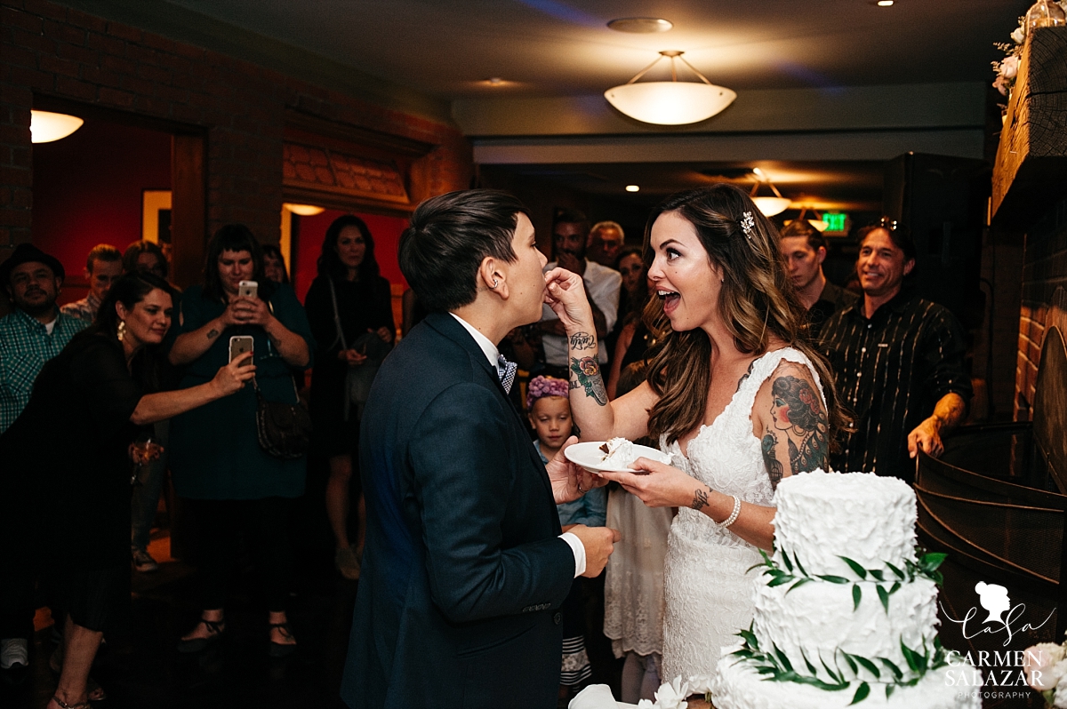 Silly cake cutting at LGBT wedding - Carmen Salazar