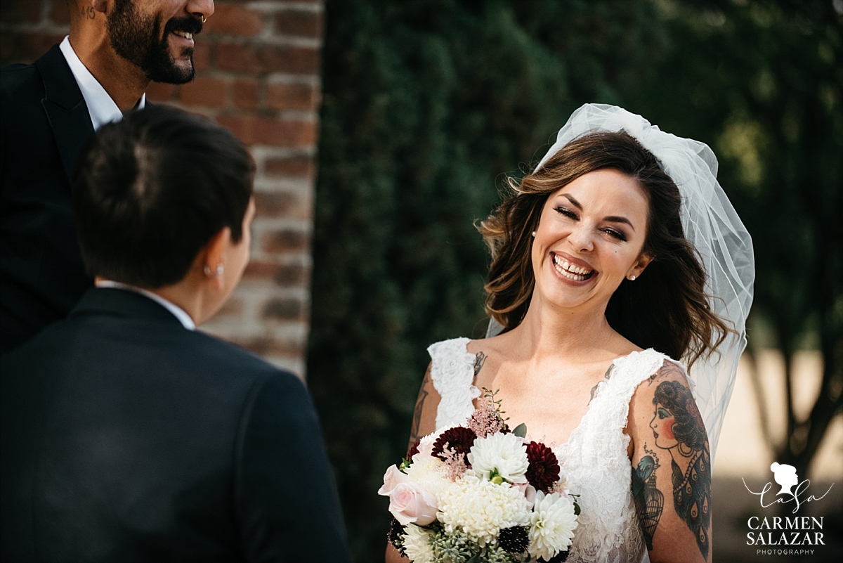 Smiling bride at California lesbian wedding - Carmen Salazar