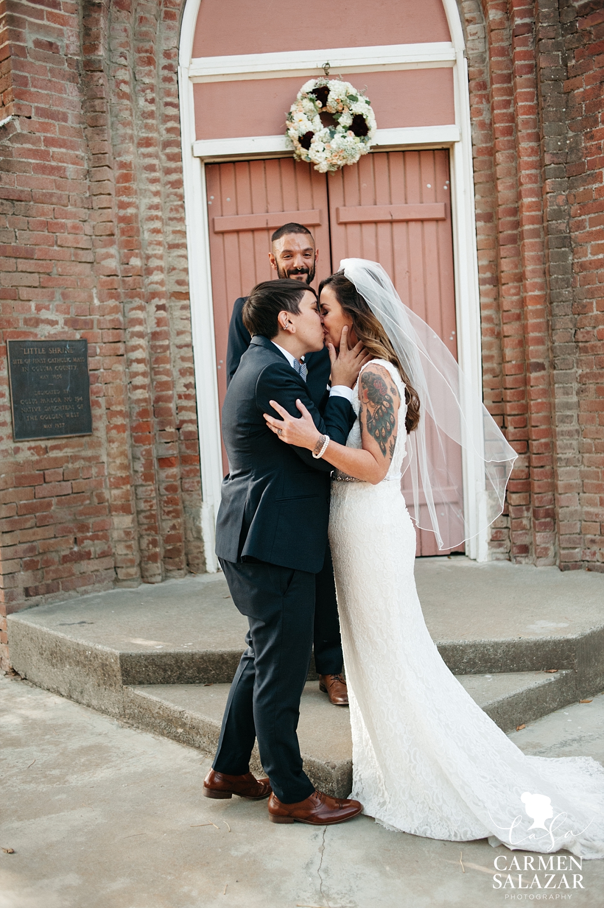 First kiss at Little Shrine of Grimes lesbian wedding - Carmen Salazar