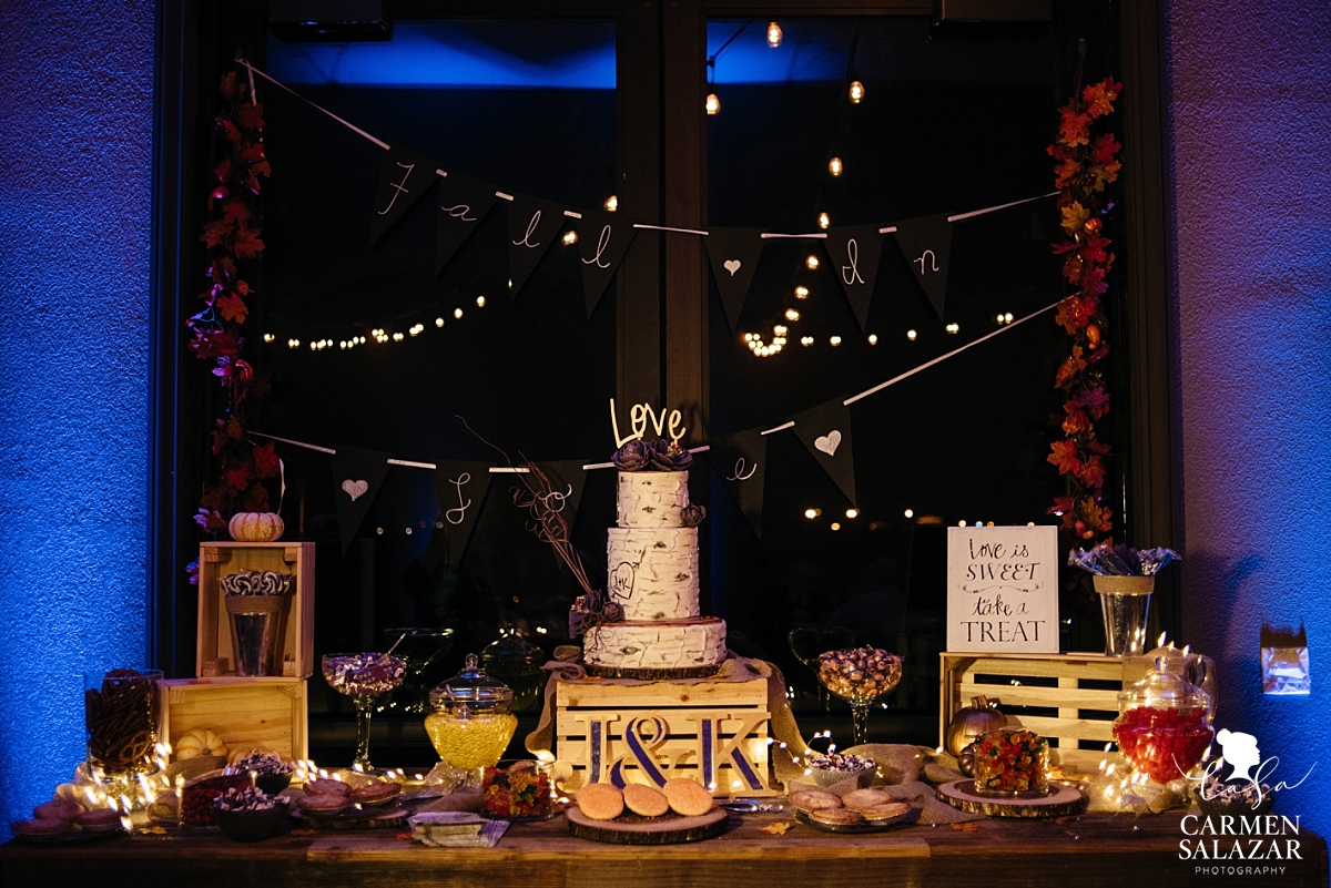 Fall themed wedding cake and dessert table - Carmen Salazar