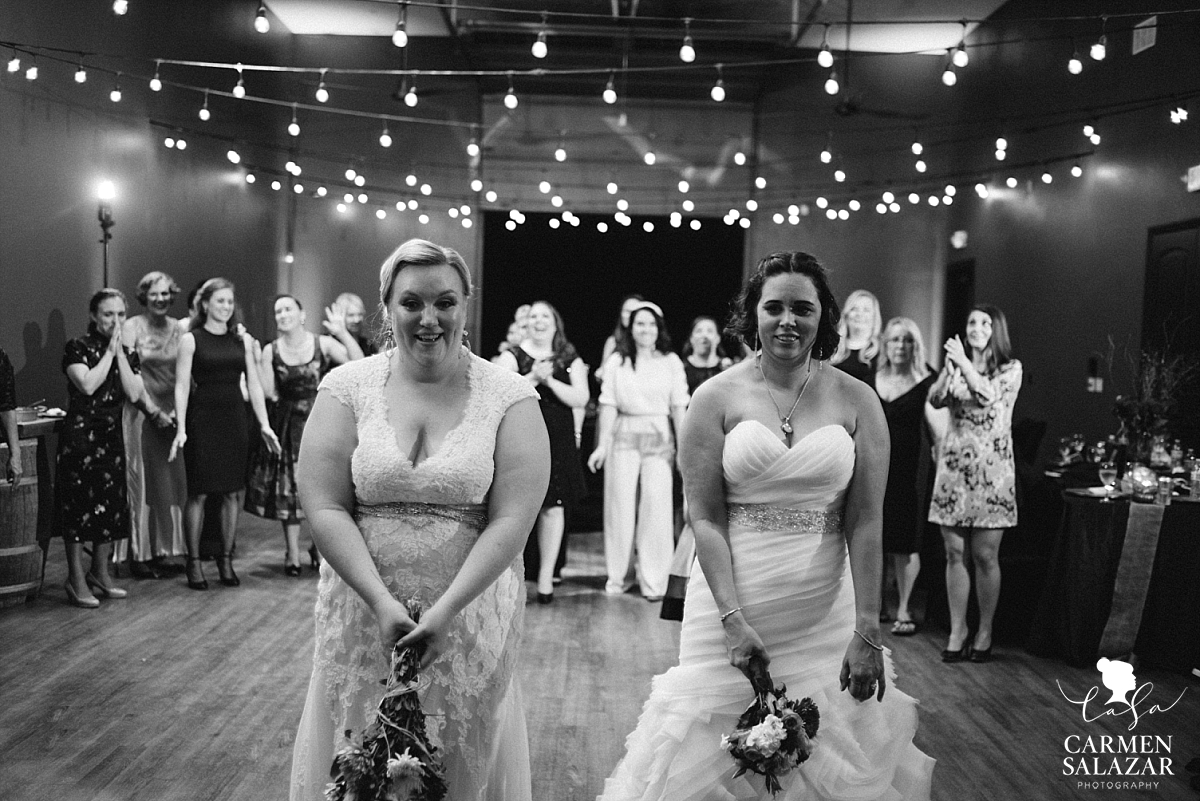 Two bride bouquet toss at lesbian wedding - Carmen Salazar