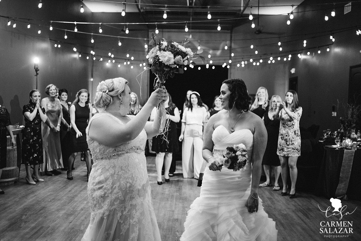 Same-sex bouquet toss at vineyard reception - Carmen Salazar