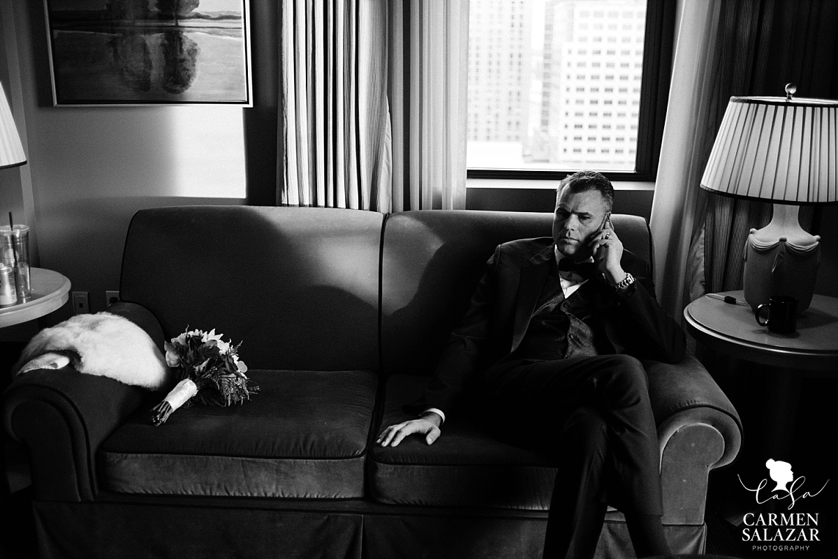 Groom taking a phone call at Citizen Hotel penthouse - Carmen Salazar