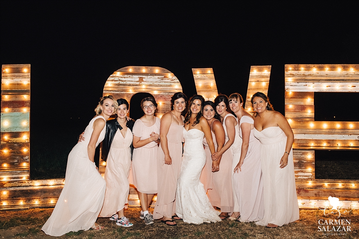 Bridesmaids with custom wood love sign - Carmen Salazar 